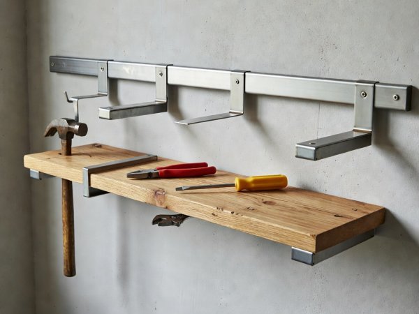 Seinään kiinnitetty metallinen säilytyskisko, hyllykannattimet ja puinen taso